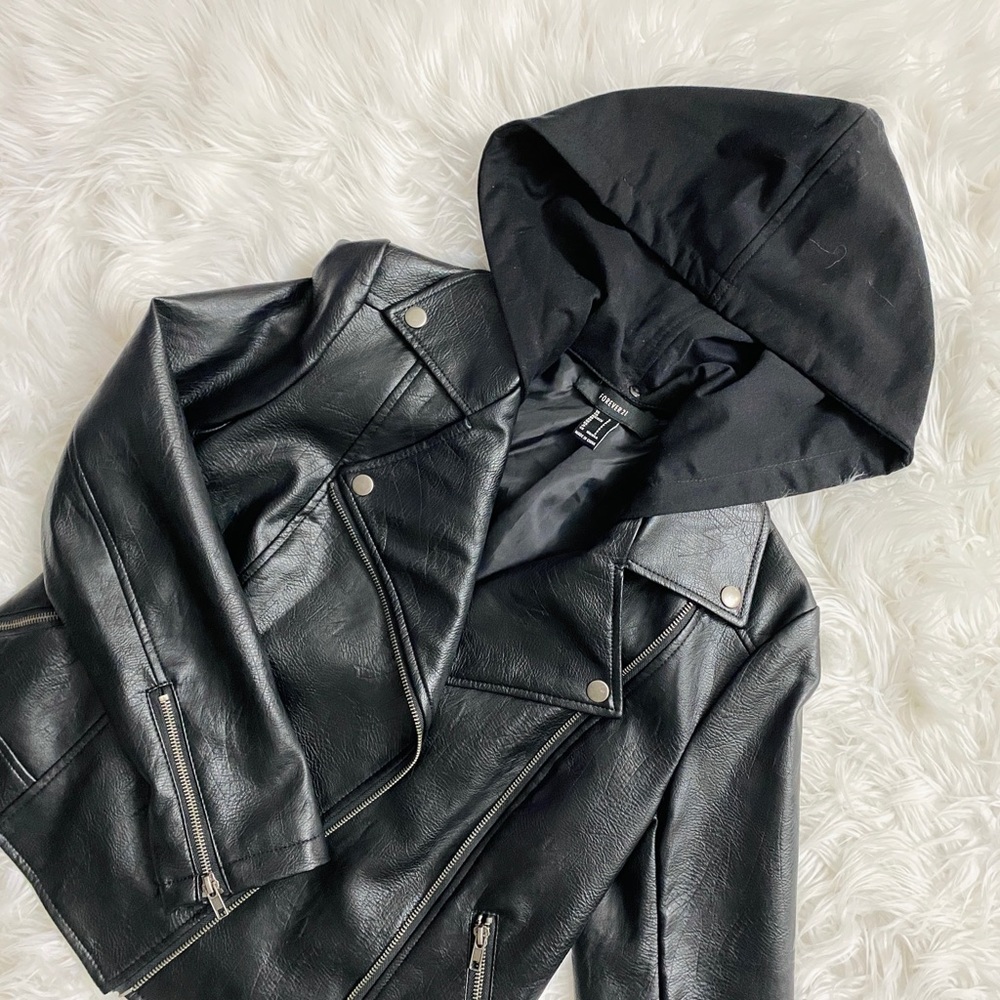 NWOT Forever 21 Faux Leather Jacket with Removable Hood Size S